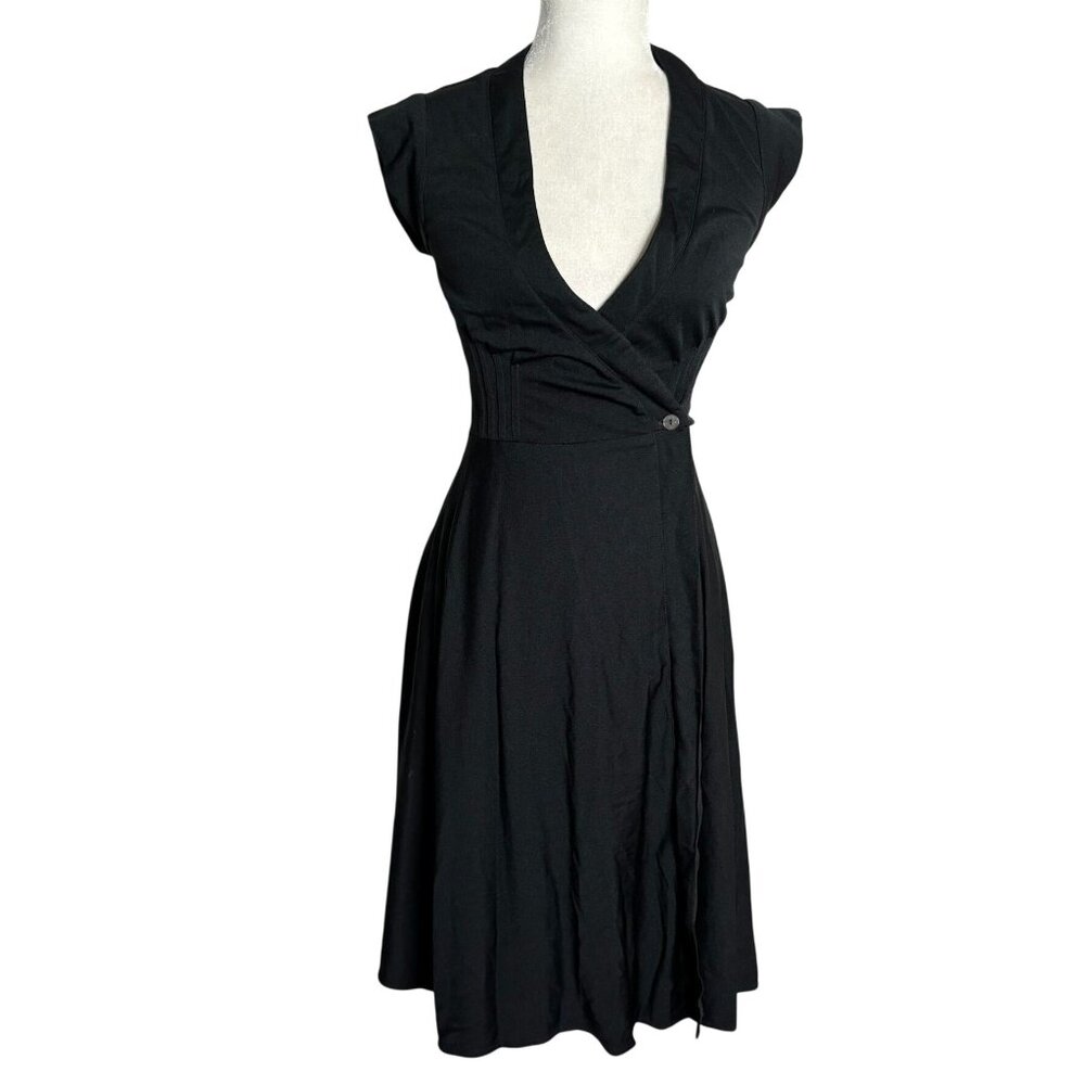 Vintage 70s Foxy Lady Nylon Wrap Dress XSmall Black Stretch Cap Sleeve Deep V